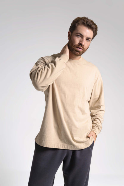 Camiseta manga longa Heavy Oversized - bege folhagem