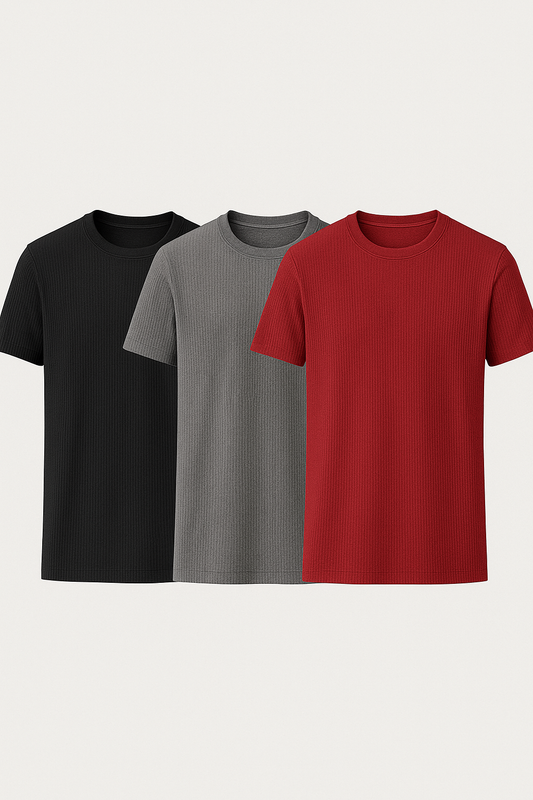 Pack com 3 camisetas slim caneladas - preto | vermelho | cinza